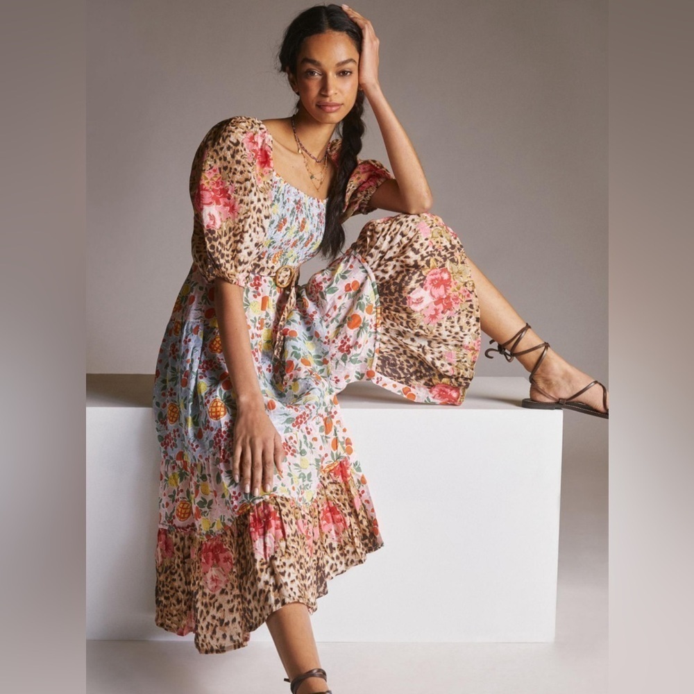 Anthropologie Place National linen floral print midi dress size medium NWOT